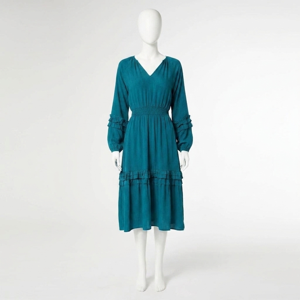 NEW COCO + CARMEN isabelle v-neck tiered ruffle dress in teal